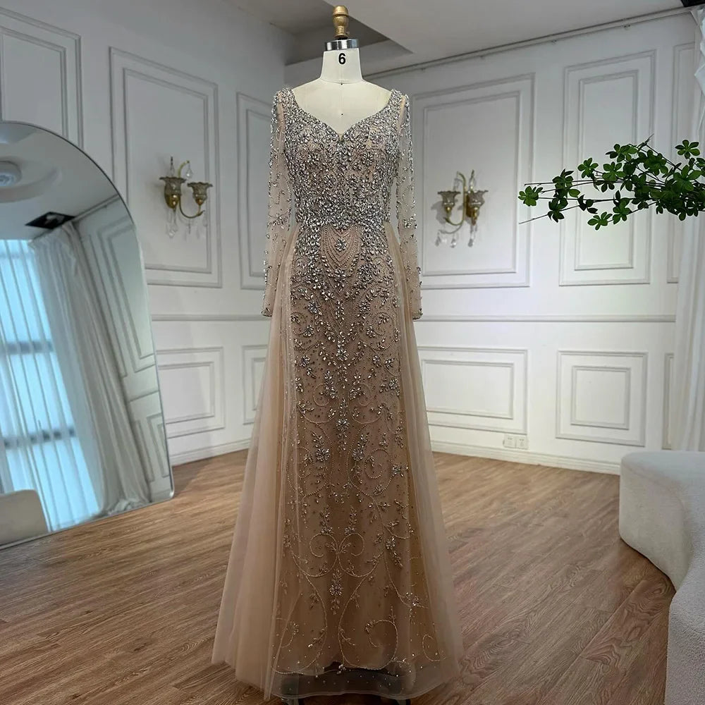 Luxury Nude Beaded Mermaid Evening Dress with Overskirt LA73042A