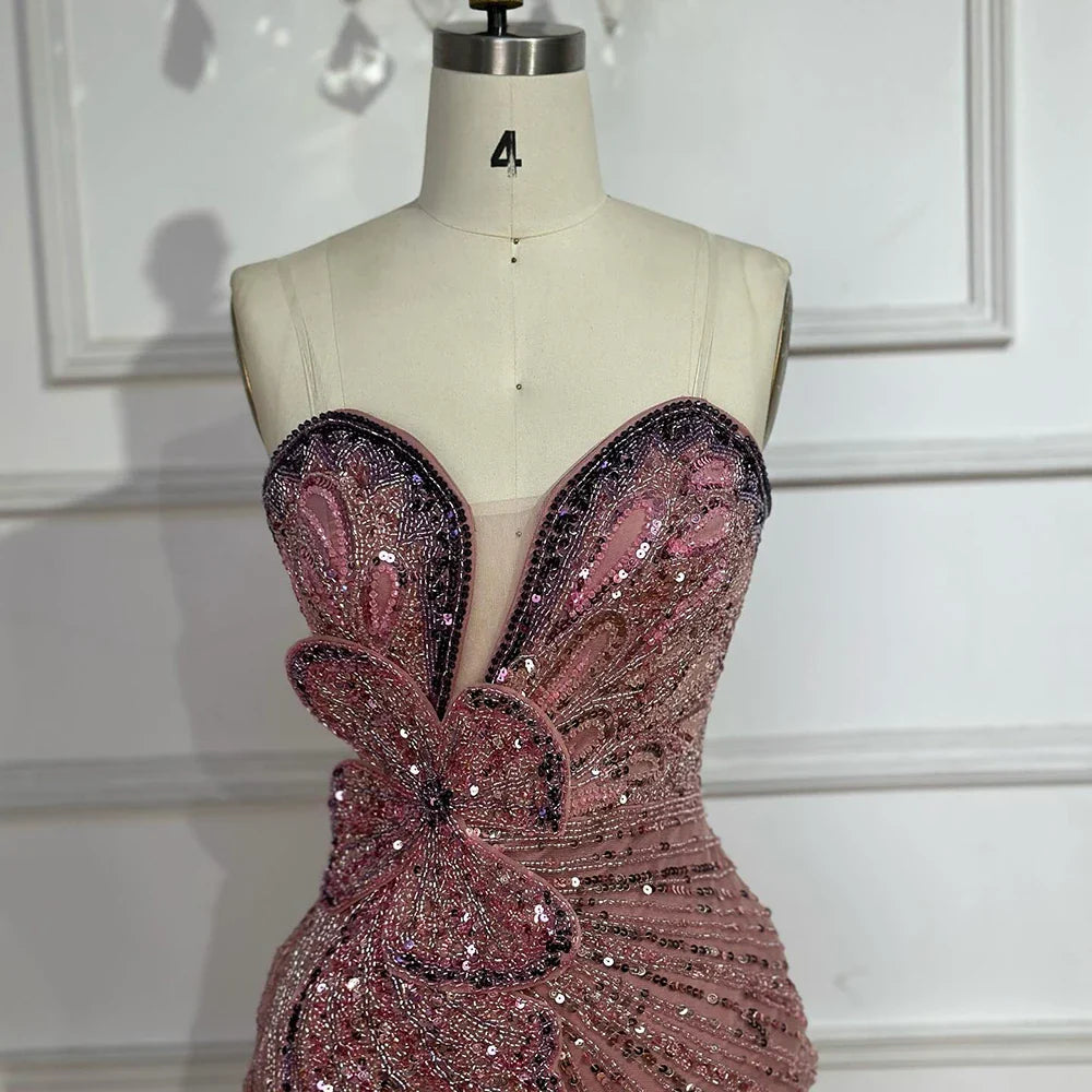 Luxury Dubai Saudi Arabic Pink Mermaid Evening Dress with High Split for Formal Occasion LA72480