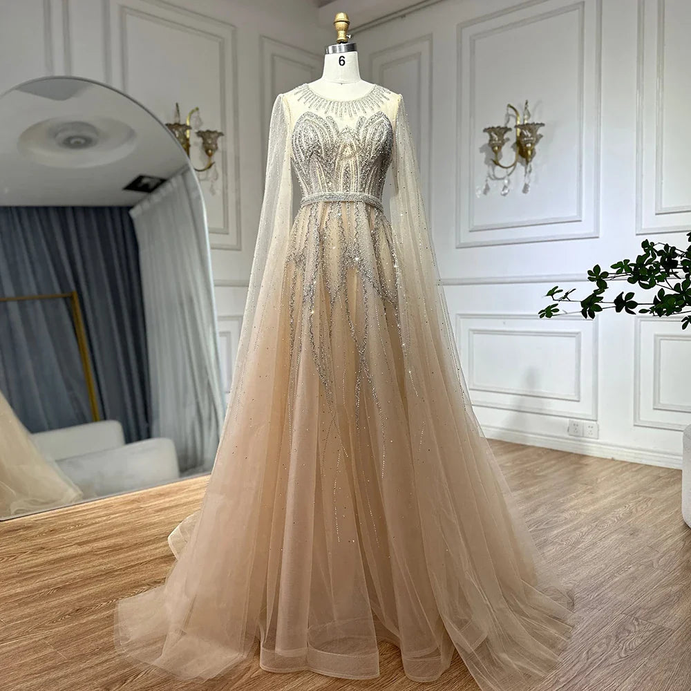 Luxury Dubai Nude Blue Elegant A-Line Beaded Long Arabic Evening Dresses Gowns with Cape Sleeves for Formal Occasion LA72785