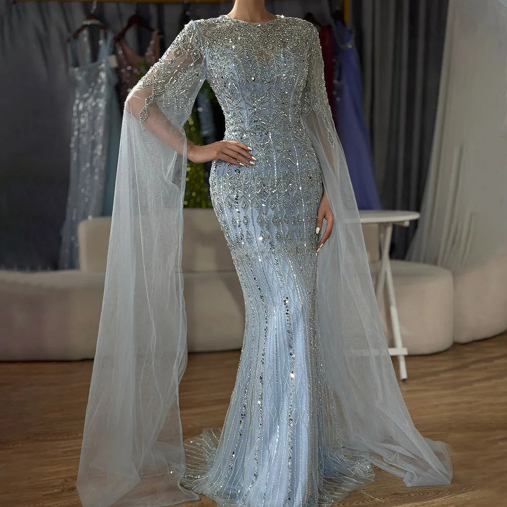 Dubai Caramel Elegant Cape Sleeve Luxury Beaded Evening Gown LA72775