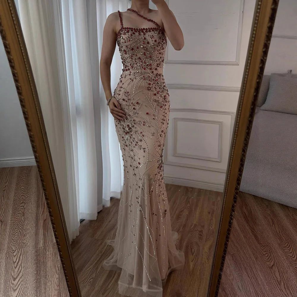 Luxury Red Saudi Arabic Crystal Beaded One Shoulder Evening Dress LA73135