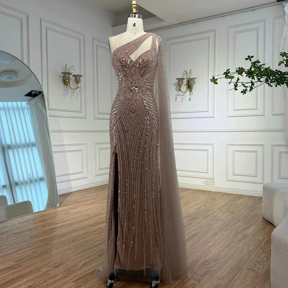 Luxury Caramel Beaded Mermaid Evening Dress with One Shoulder Cape LA73085