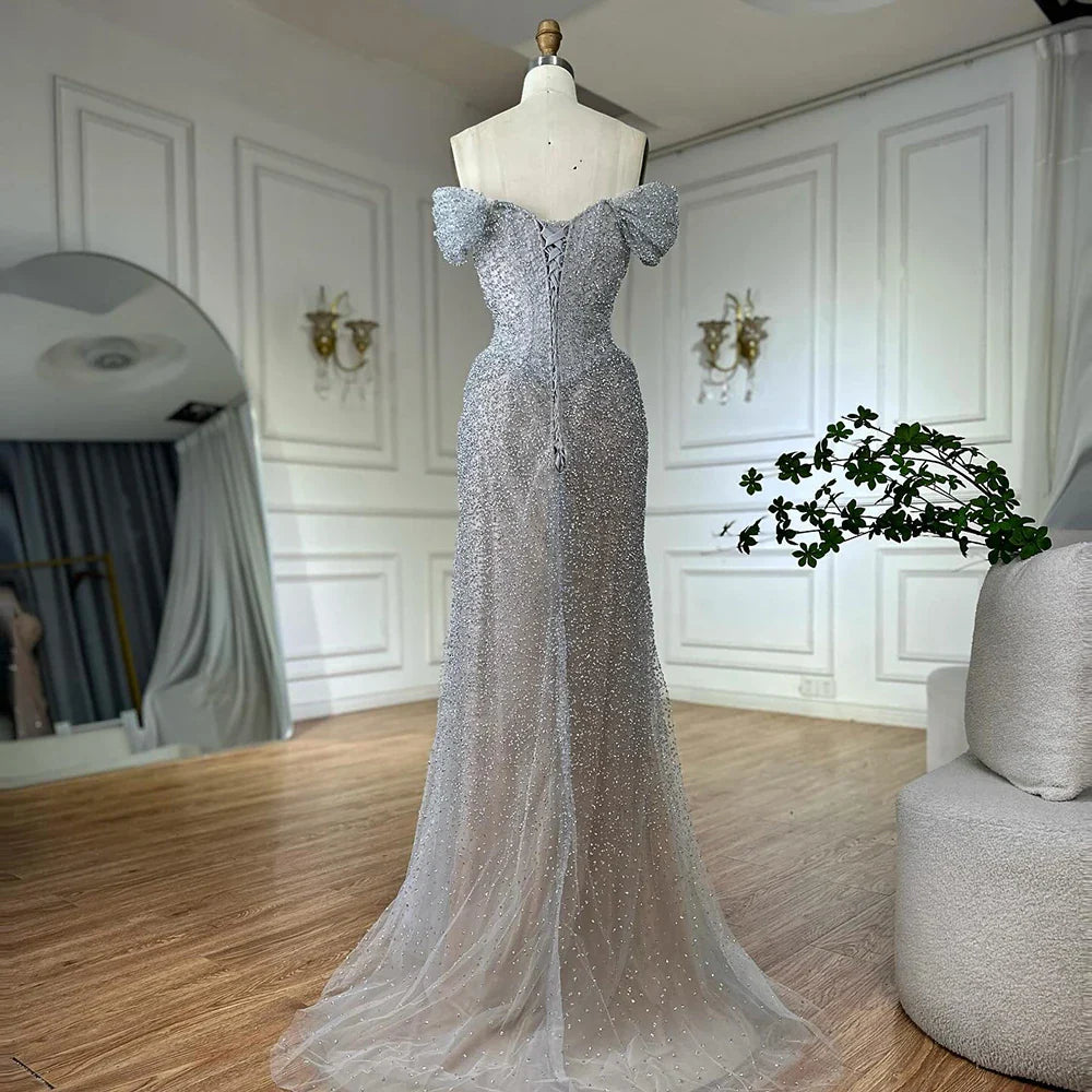 Luxury Designer Beaded Silver Nude Mermaid Evening Dress LA72905