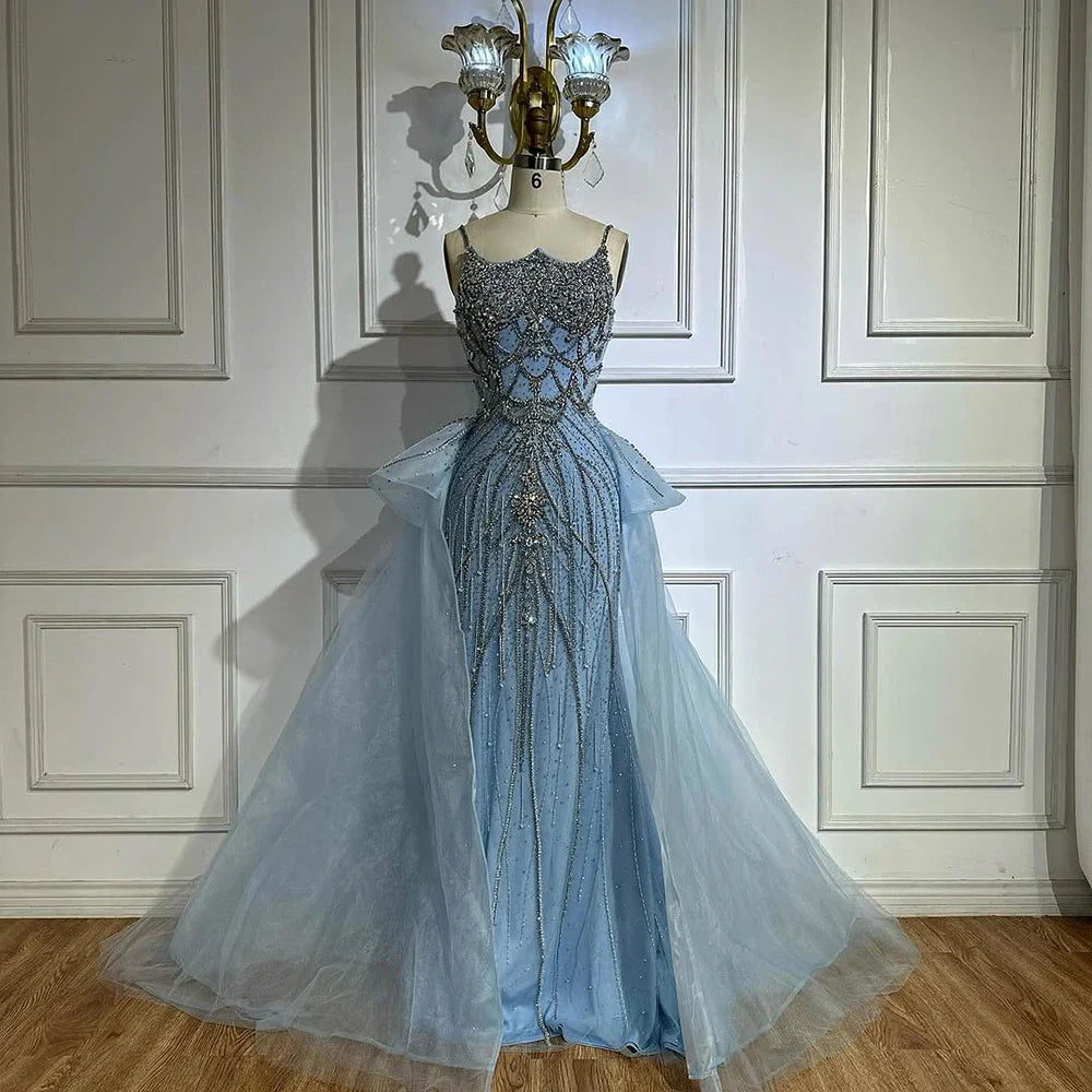 Luxury Dubai Nude Saudi Beaded Spaghetti Strap Evening Dresses Gowns with Overskirt for Formal Occasion LA72810