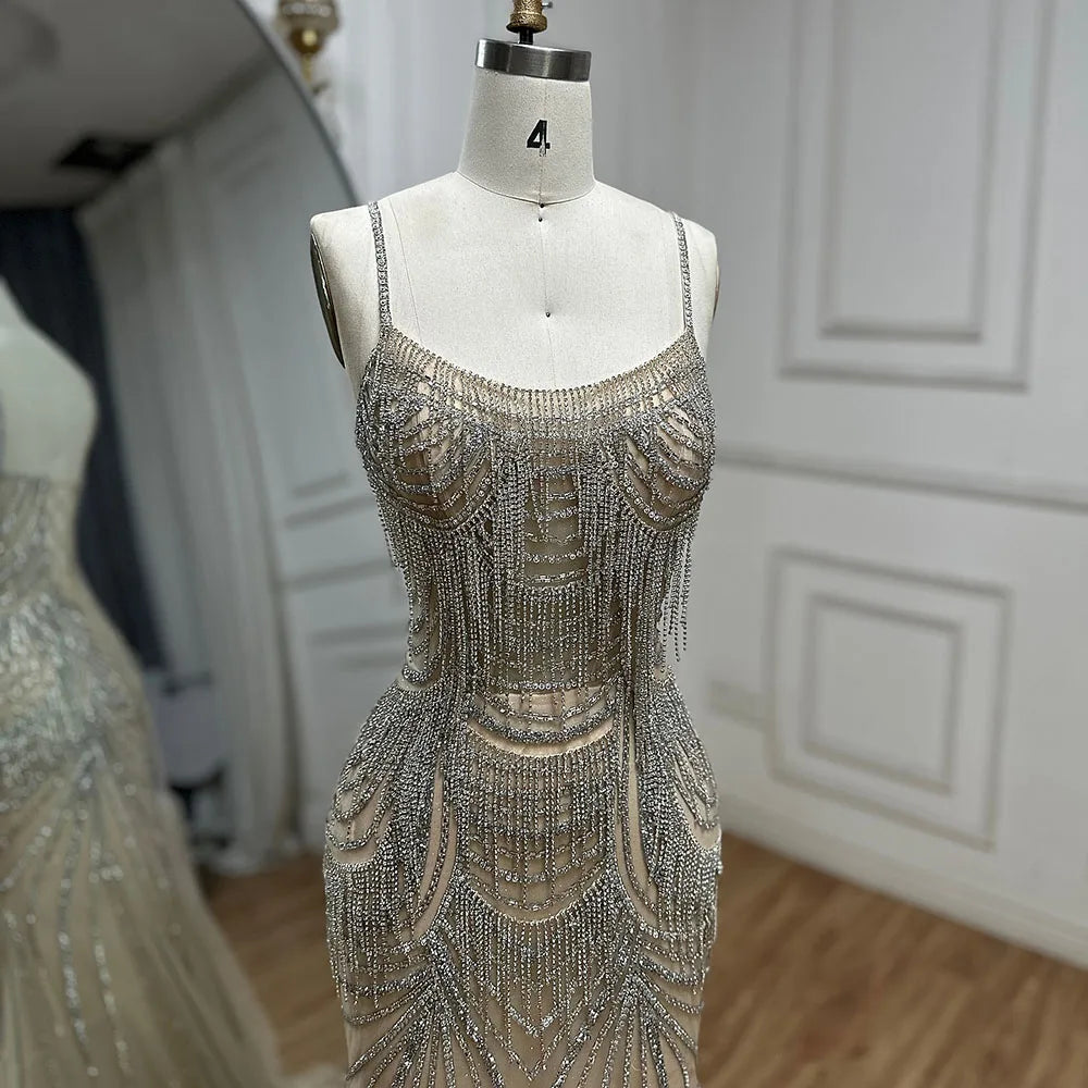 Luxury Dubai Silver Nude Spaghetti Strap Mermaid Evening Dress Gown with Luxury Beaded Tassels for Formal Occasion LA72772