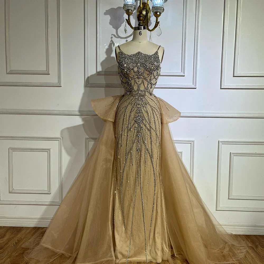 Luxury Dubai Nude Saudi Beaded Spaghetti Strap Evening Dresses Gowns with Overskirt for Formal Occasion LA72810