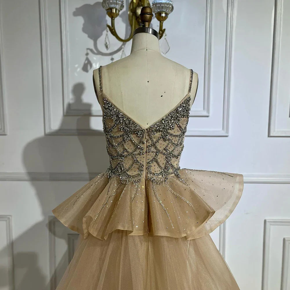 Luxury Dubai Nude Saudi Beaded Spaghetti Strap Evening Dresses Gowns with Overskirt for Formal Occasion LA72810
