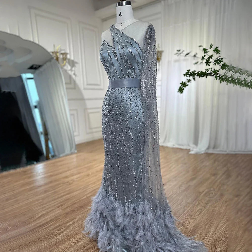 Elegant Nude One Shoulder Feather Beaded Mermaid Evening Dress LA71096