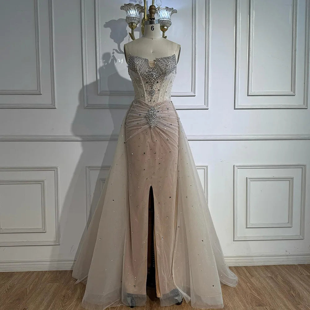 Luxury White Nude Beaded Evening Dress with Overskirt LA73107