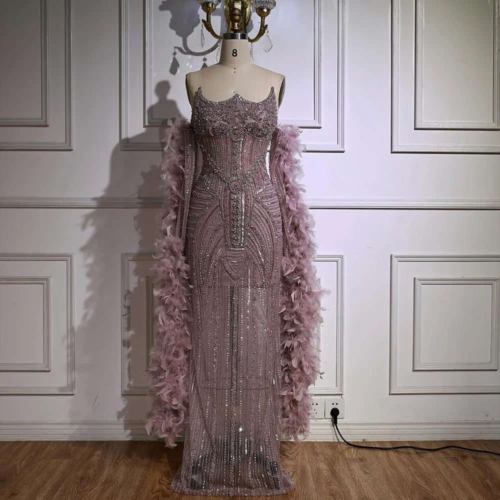 Luxury Caramel Beaded Evening Dress with Feather Sleeves LA73055