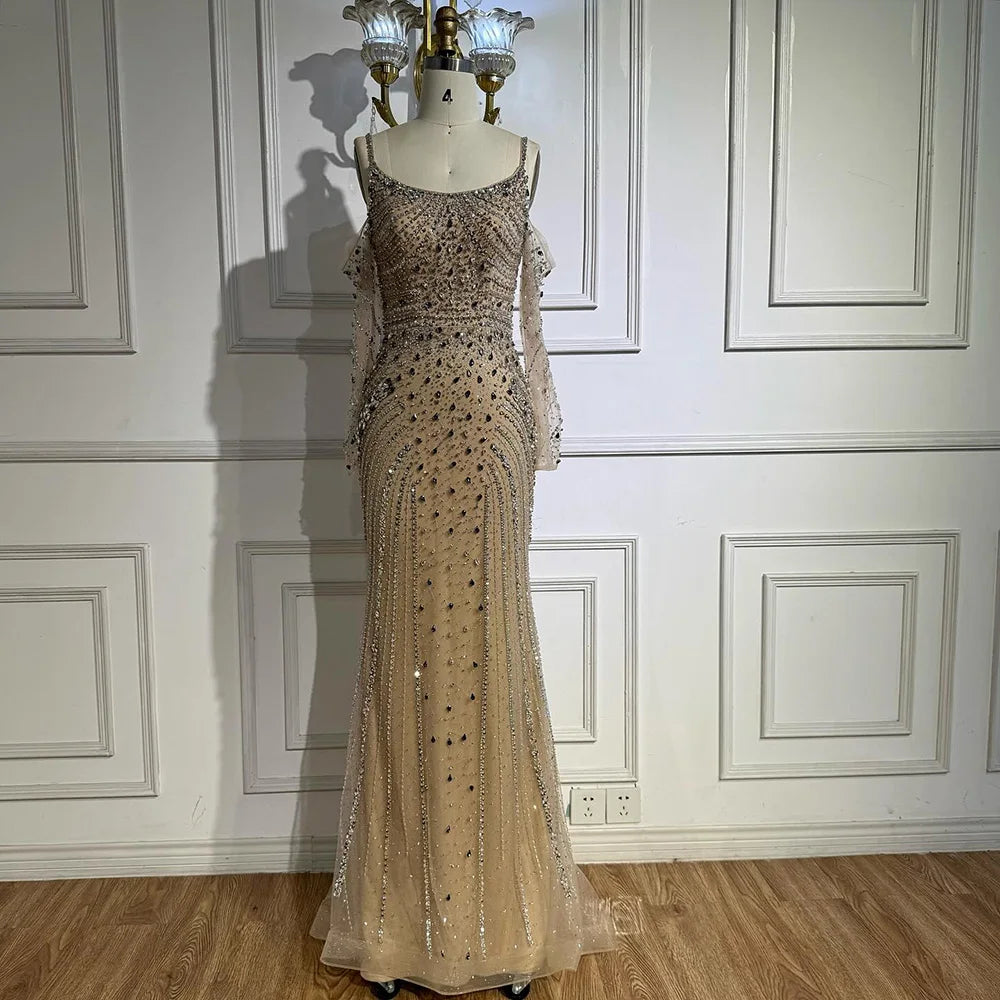 Luxury Nude Navy Blue Silver Beaded Evening Dress with Long Sleeves LA73120