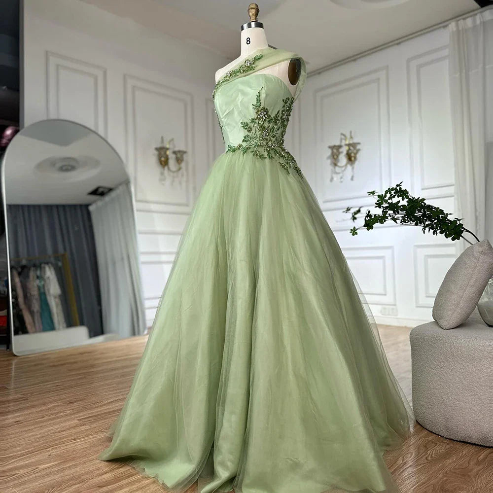 Luxury Dubai Sage Green Elegant One-Shoulder A-Line Appliques Long Arabic Evening Gown for Formal Occasion LA72783