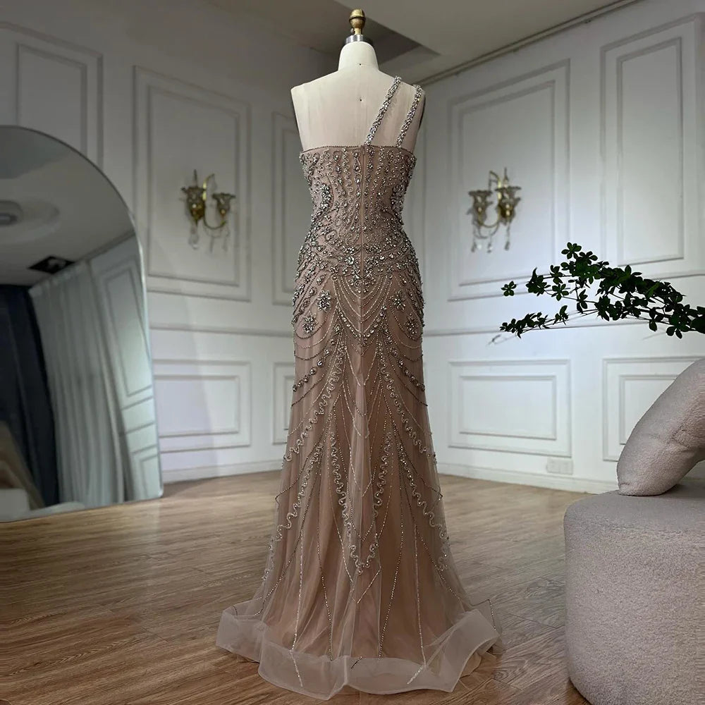 Luxury Dubai Elegant Nude One Shoulder Beaded Evening Dresses Gowns for Formal Occasion LA72791