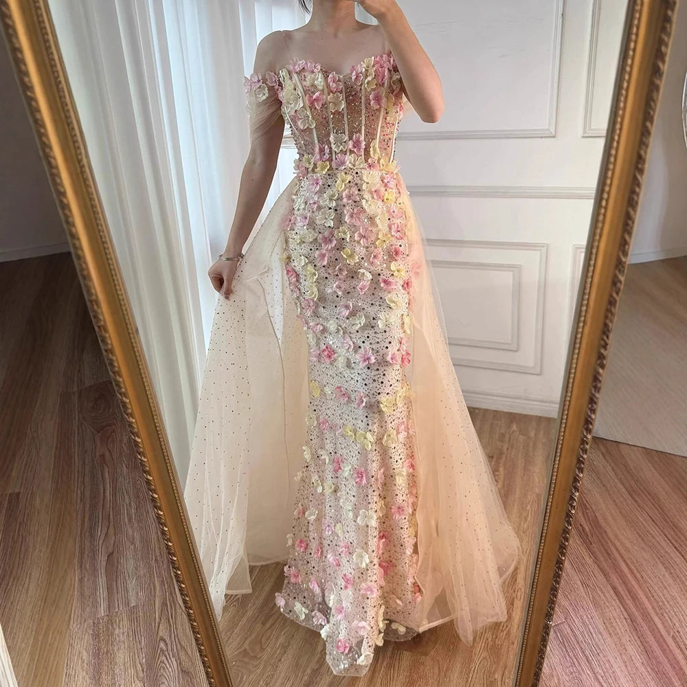 Luxury Nude Floral Beaded Off-Shoulder Corset Evening Dress with Overskirt LA72861
