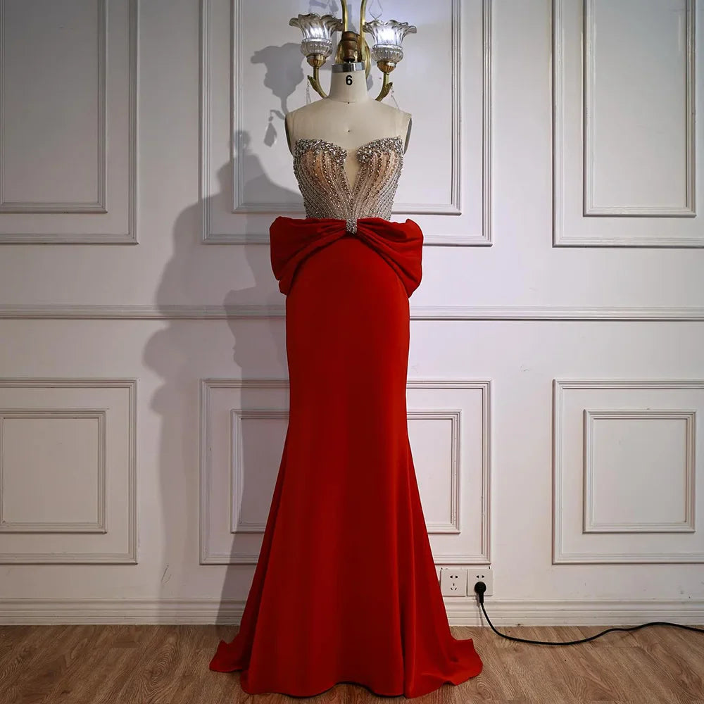 Designer Red Satin Evening Dress with Bow LA73060