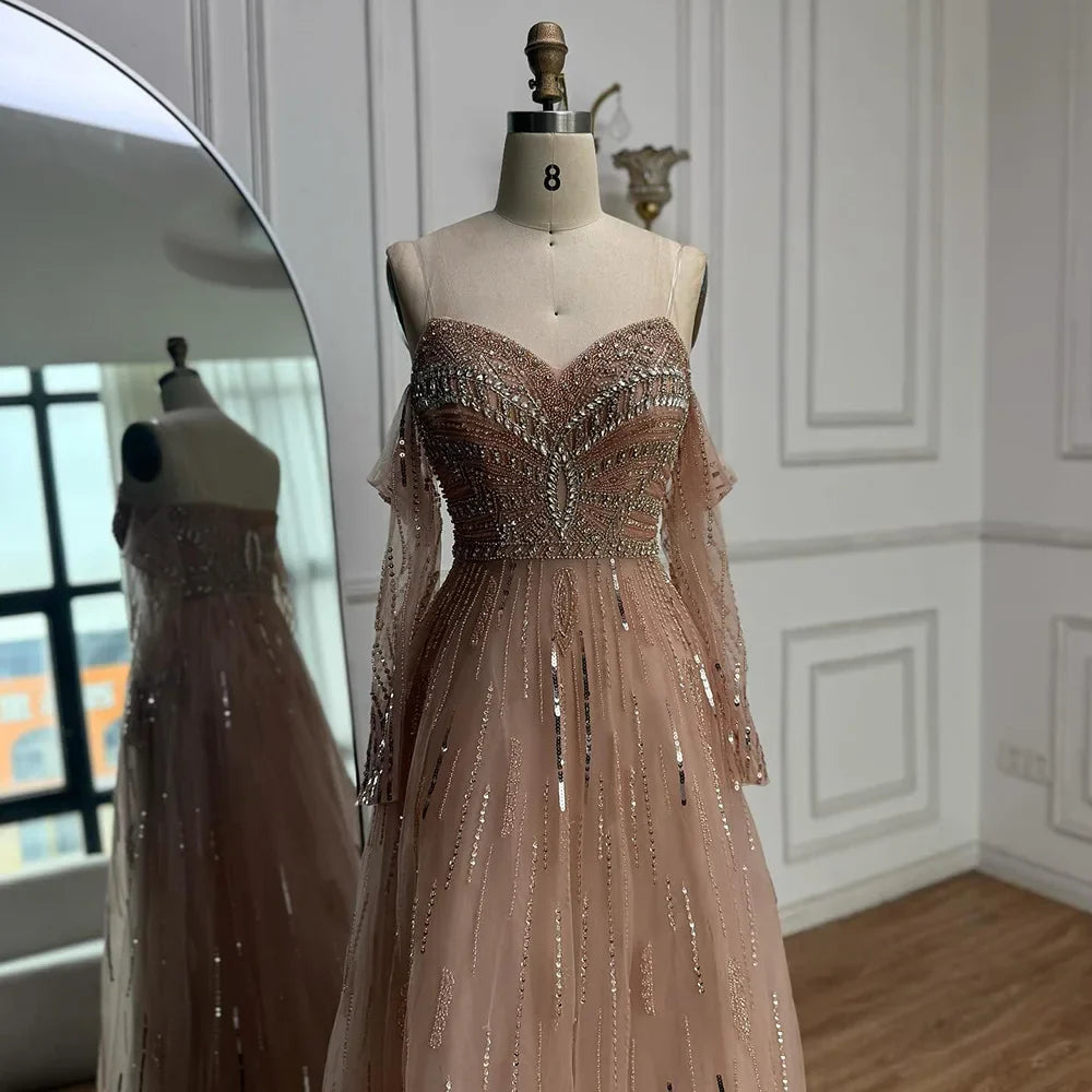 Luxury Caramel Crystal Beaded Strapless Long Sleeve Mermaid Evening Dress LA73130