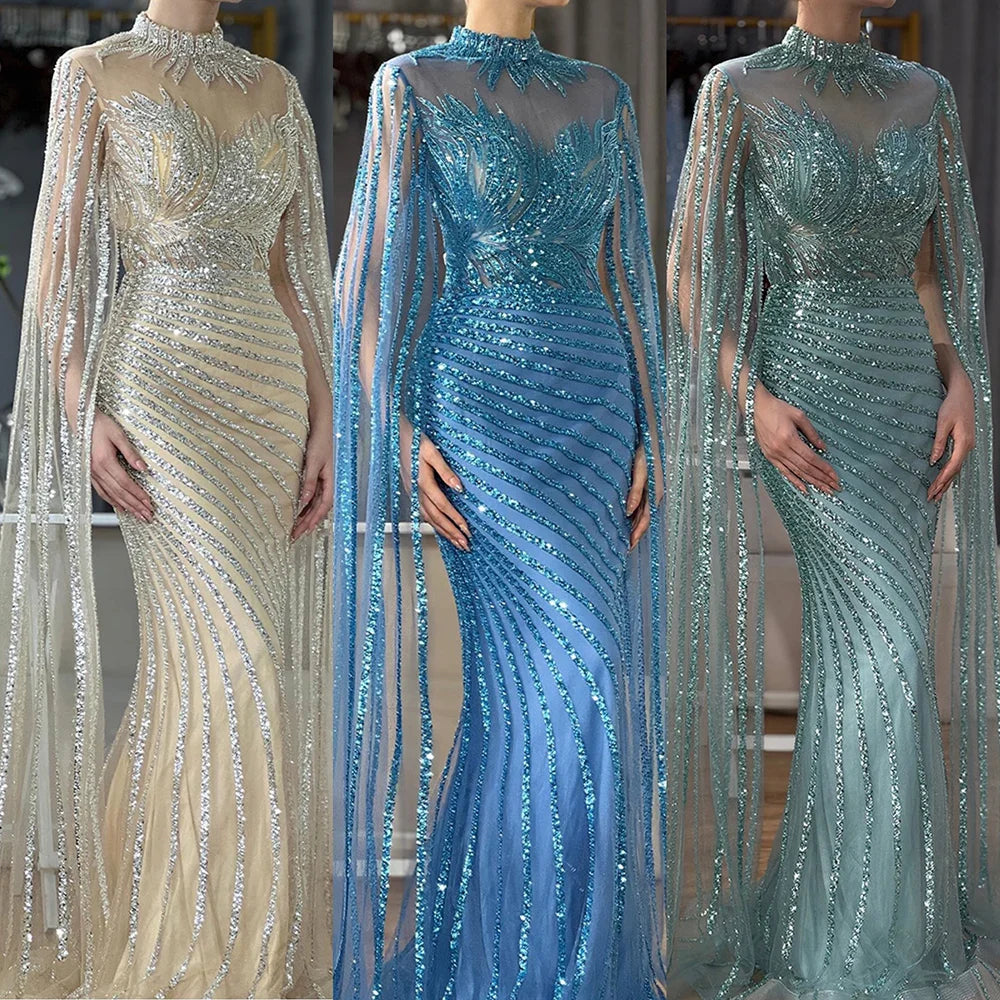 Luxury Dubai Arabic Nude Mermaid Long Evening Dresses With CapeLA71885B