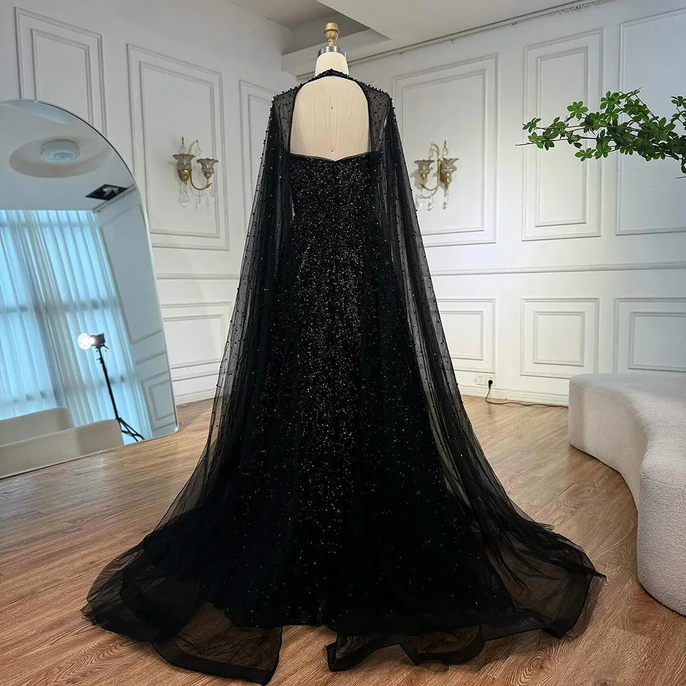 Luxury Arabic Blue A-Line Evening Dress with Cape Sleeves Plus Size LA72659