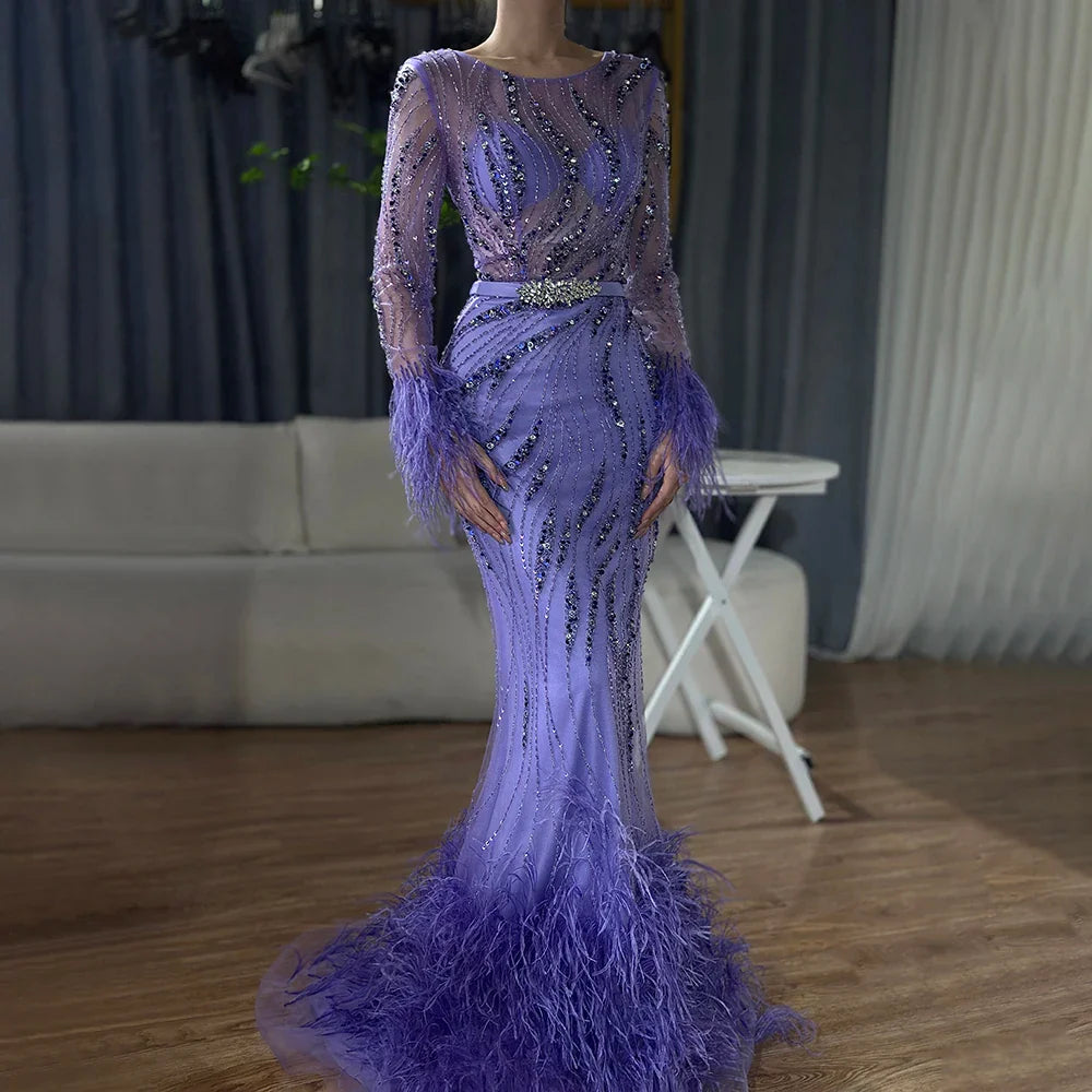 Serene Hill Elegant Mermaid Evening Dress Arabic Purple Beaded Feathers | Luxury Gown for Women's Wedding Party LA72367
