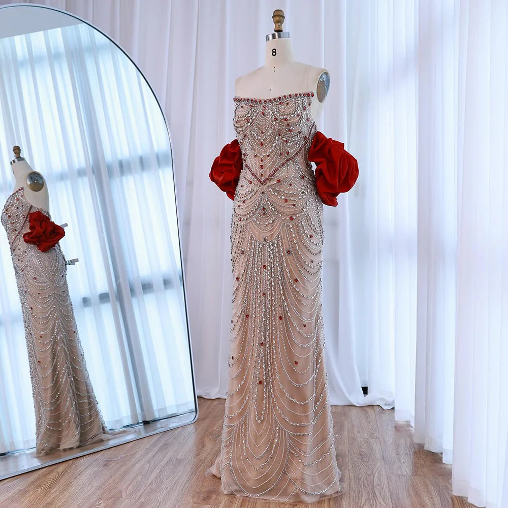 Luxury Beaded Evening Dress Puff Sleeves Pearl Adorned LA72903