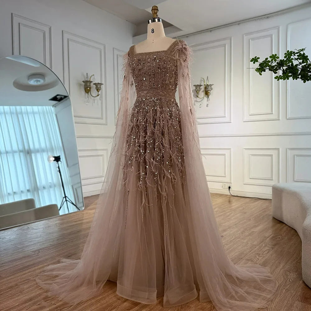 Elegant Blue Beaded Feather A-Line Evening Dress With Cape LA73043