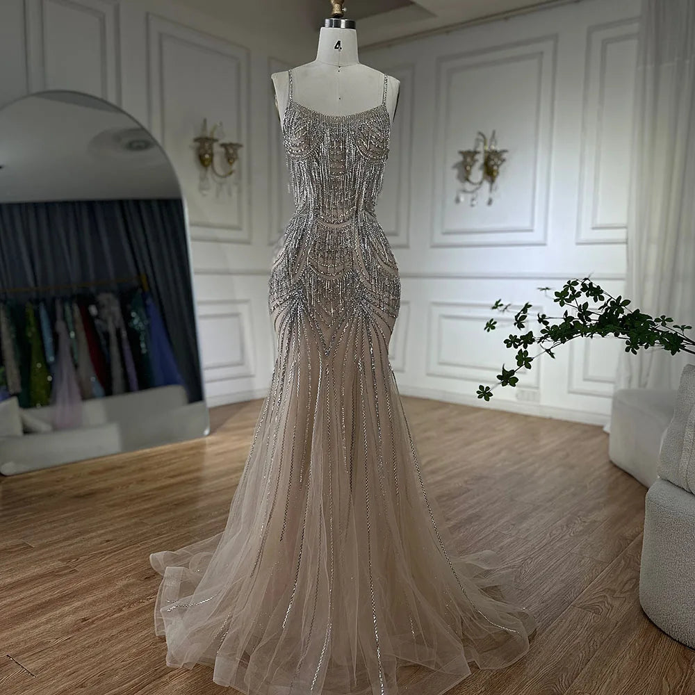 Luxury Dubai Silver Nude Spaghetti Strap Mermaid Evening Dress Gown with Luxury Beaded Tassels for Formal Occasion LA72772