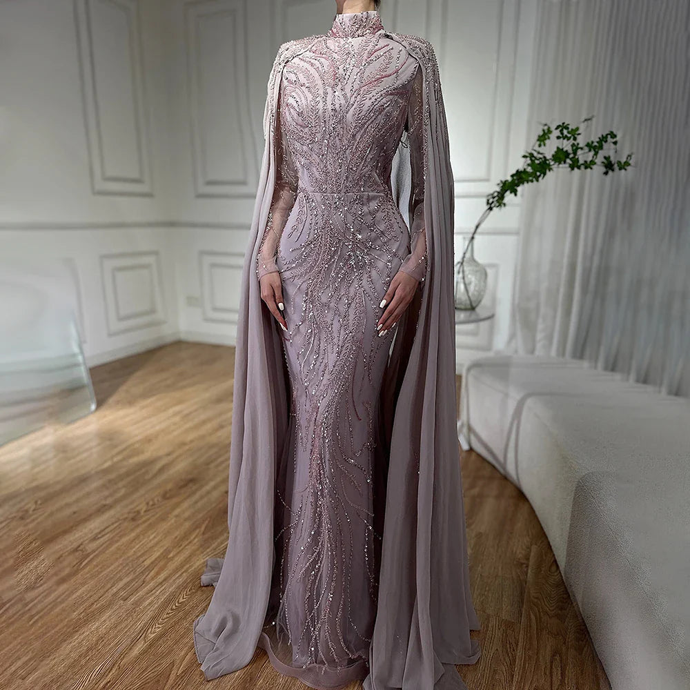 Modest Muslim Sage Green Evening Dress with Cape Long Sleeves LA72413A