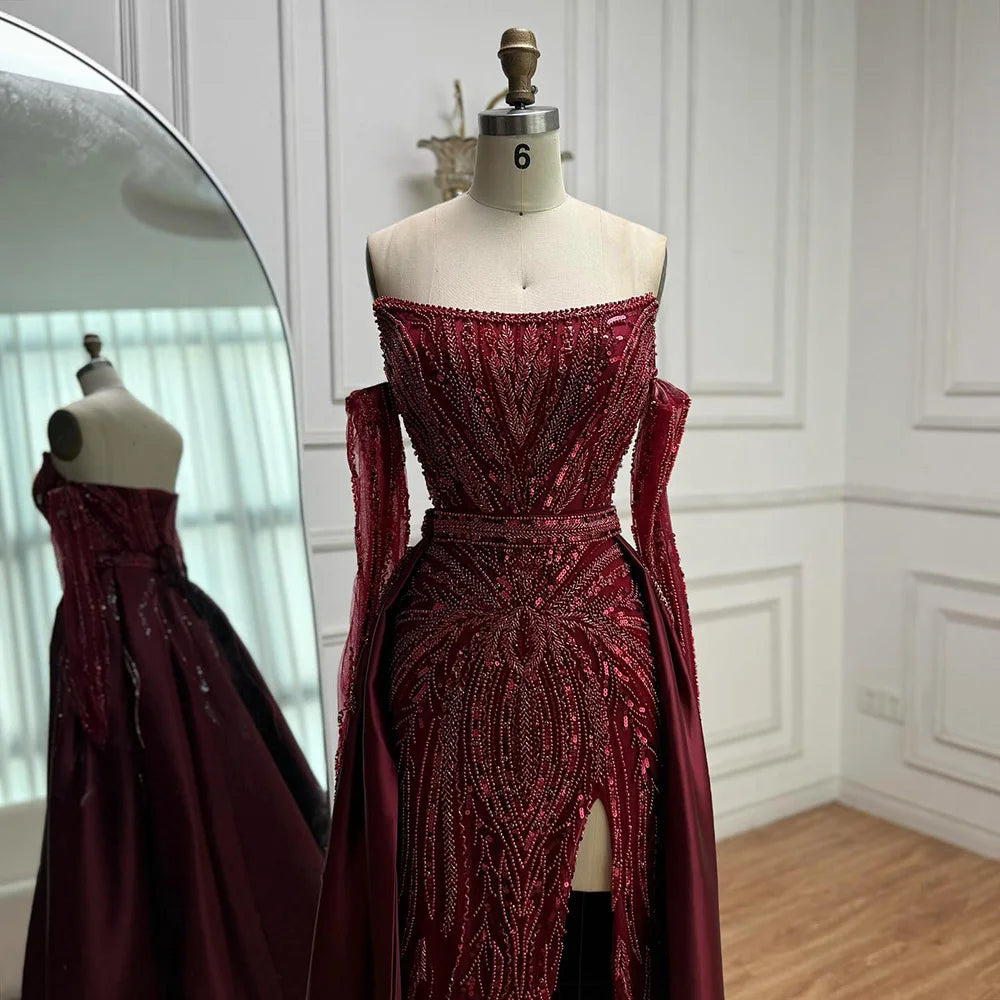 Luxury Wine Red Beaded Evening Dress Gown with Gloves and Overskirt LA72935