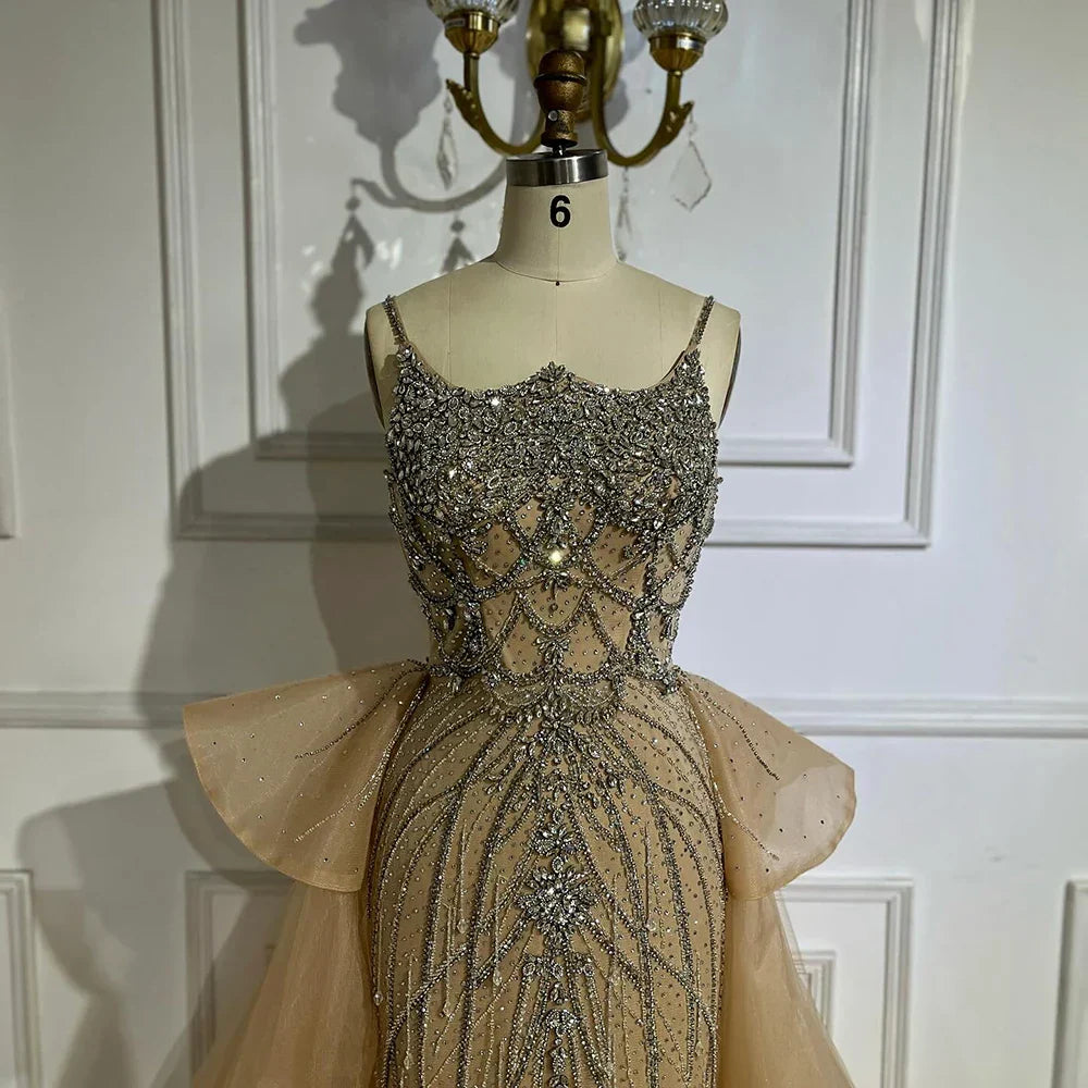 Luxury Dubai Nude Saudi Beaded Spaghetti Strap Evening Dresses Gowns with Overskirt for Formal Occasion LA72810