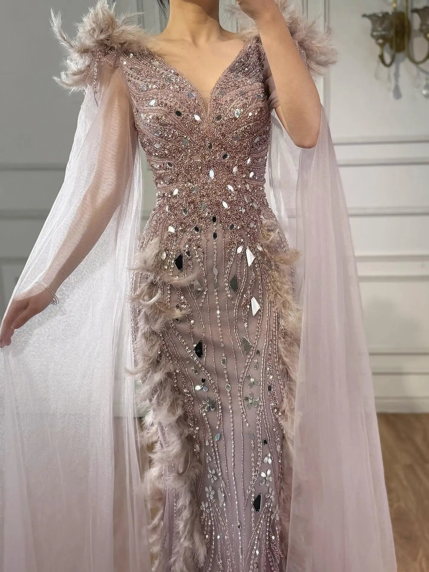 Luxury Caramel Feather Mirror Beaded Mermaid Evening Dress With Cape LA73328