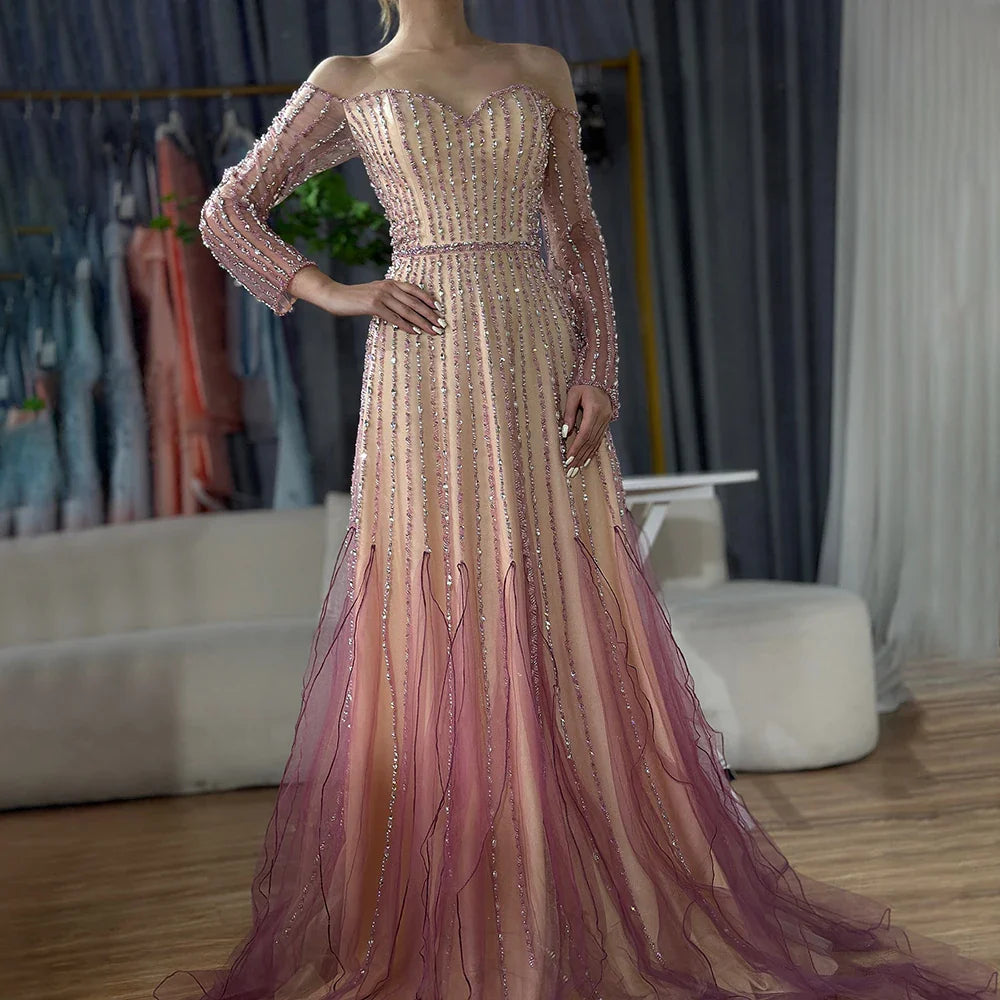 Luxury Dubai Arabic Purple Elegant A-Line Beaded Long Evening Dresses Gowns for Formal Occasion LA72752
