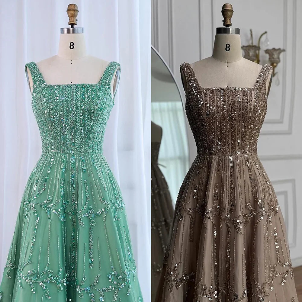 Elegant Sage Green Beaded A-Line Evening Dress LA73064
