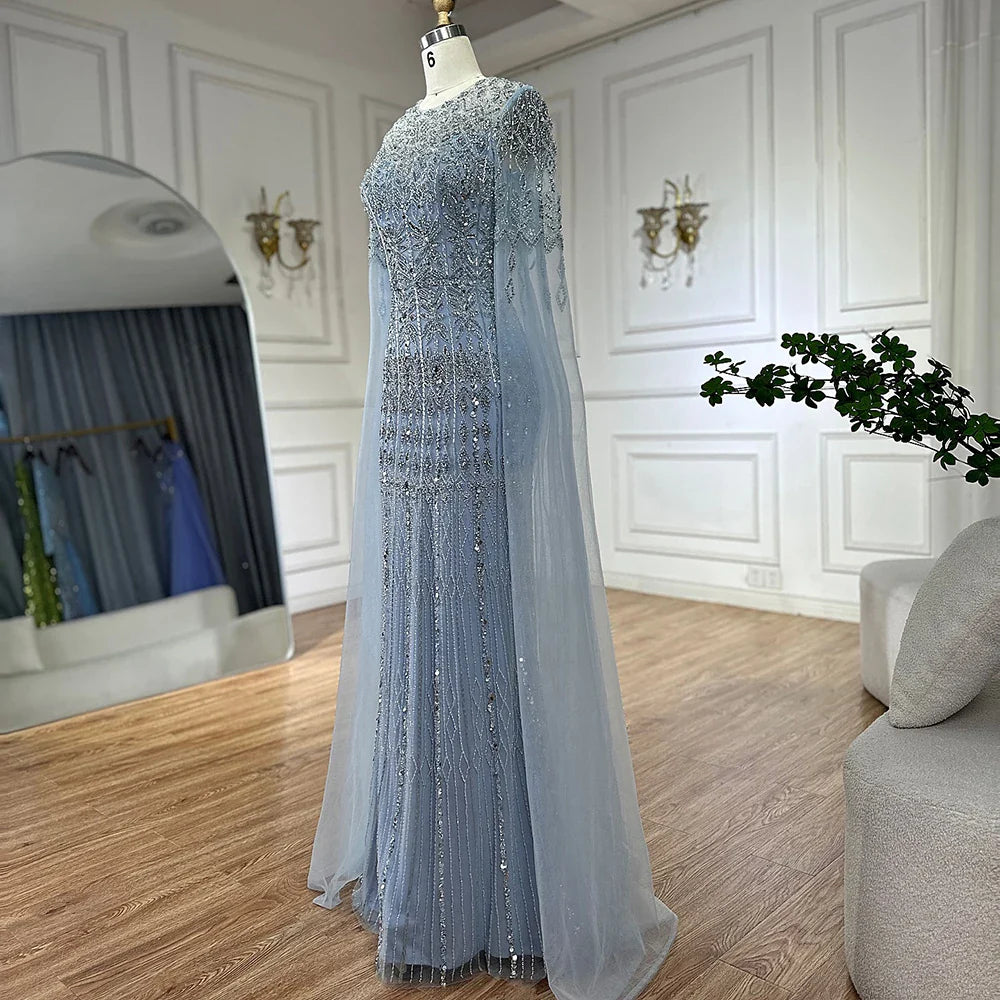 Dubai Caramel Elegant Cape Sleeve Luxury Beaded Evening Gown LA72775