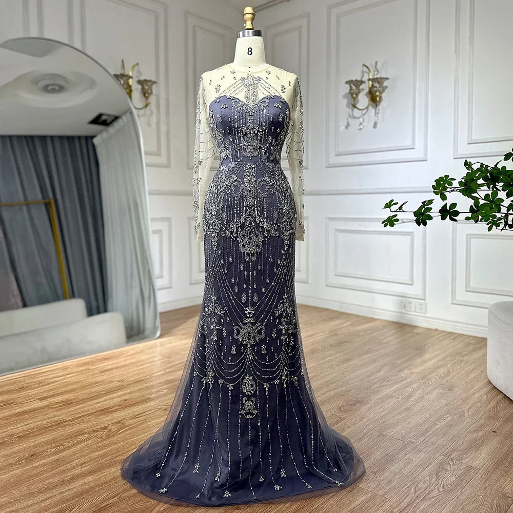 Luxury Dubai Blue Crystal Beaded Evening Dress with Overskirt LA72757