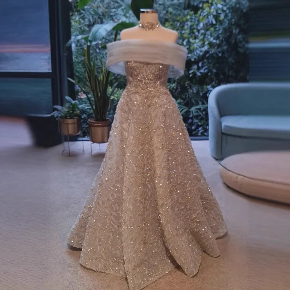 Glamorous Silver Gray Off-Shoulder Beaded Evening Dress LA73062