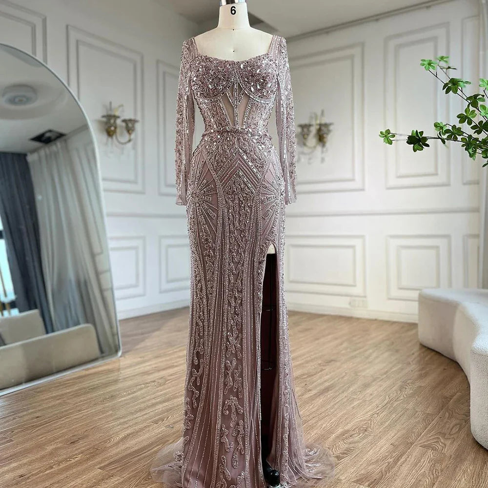 Luxury Dubai Beaded Evening Dress With Long Sleeve LA72518