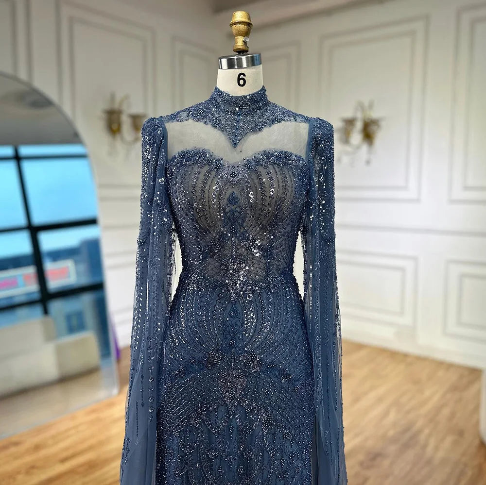 Modest Blue Mermaid Evening Dress with Cape LA73006