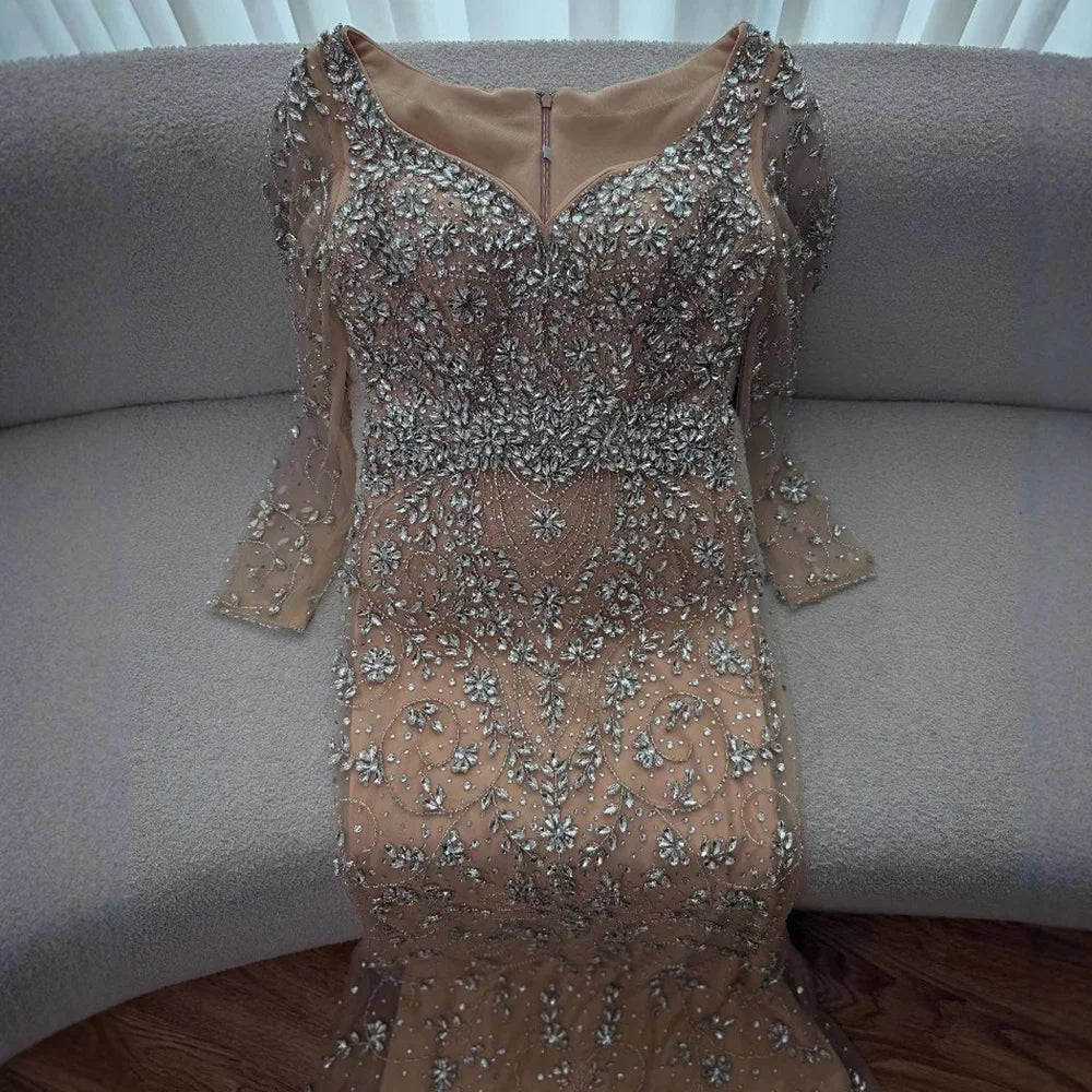 Luxury Nude Beaded Crystal Evening Dress with Long Sleeves LA73042