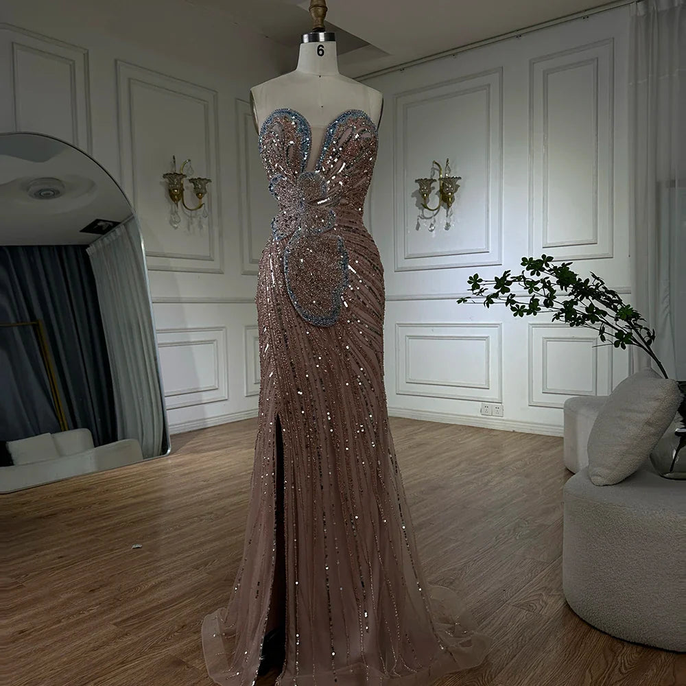 Luxury Dubai Saudi Arabic Pink Mermaid Evening Dress with High Split for Formal Occasion LA72480