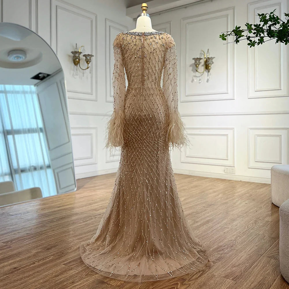 Luxury Nude Beaded Evening Dress with Feather Cuffs LA72892