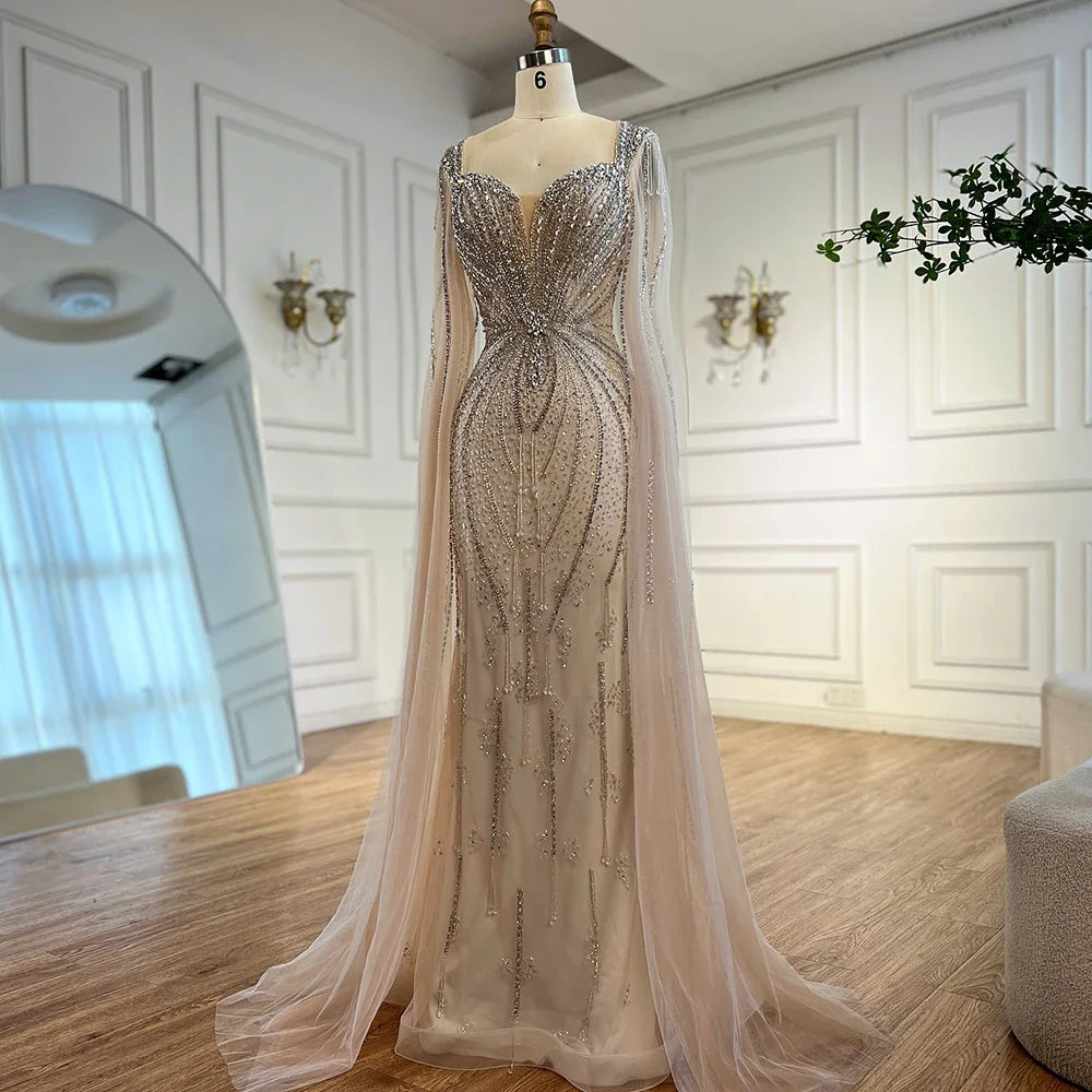 Luxury Designer Beige Beaded Evening Dress with Cape Sleeves LA72992
