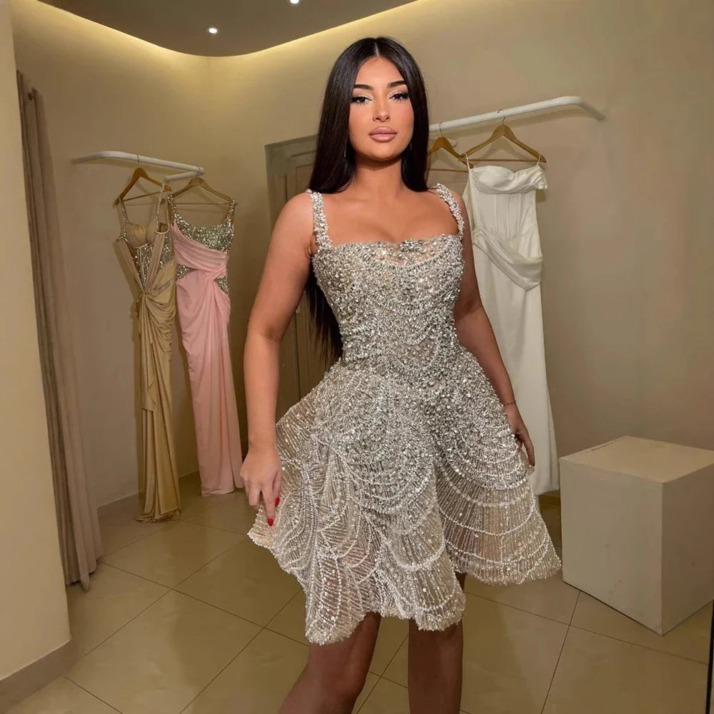 Luxury Nude Crystal Beaded A-Line Short Cocktail Party Dress LA72983