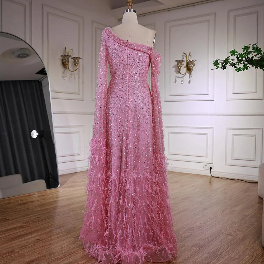 Luxury Feather One Shoulder Evening Dress with Cape Sleeves LA72763