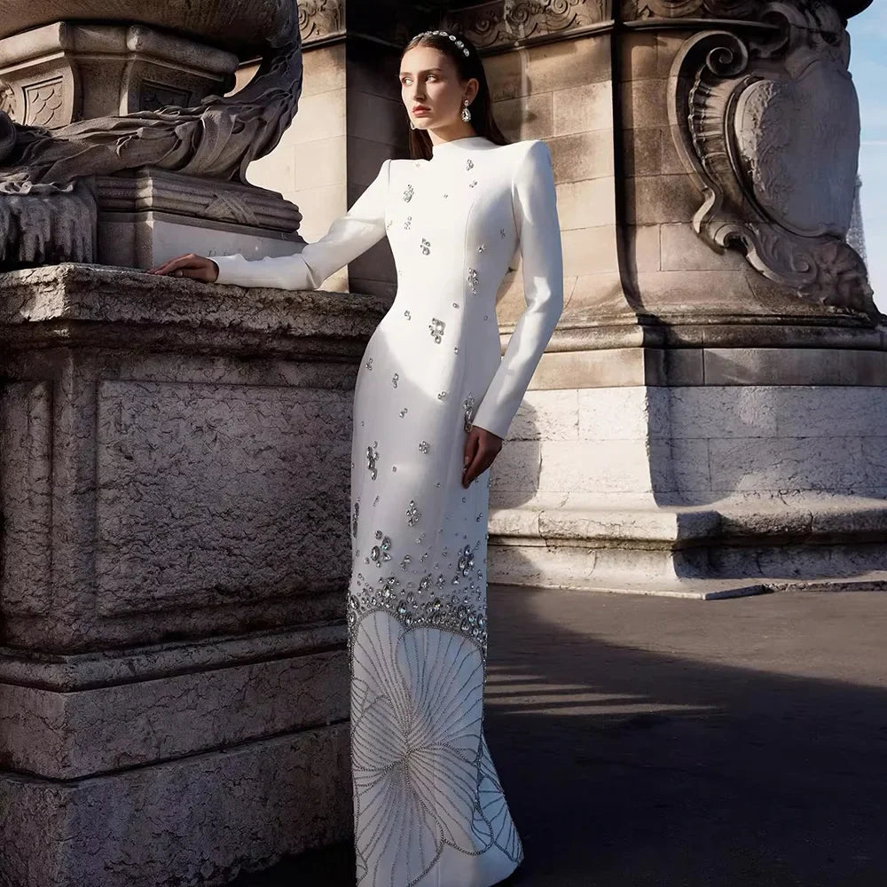 Luxury Crystal White Muslim Evening Dresses Long Sleeves LA72719