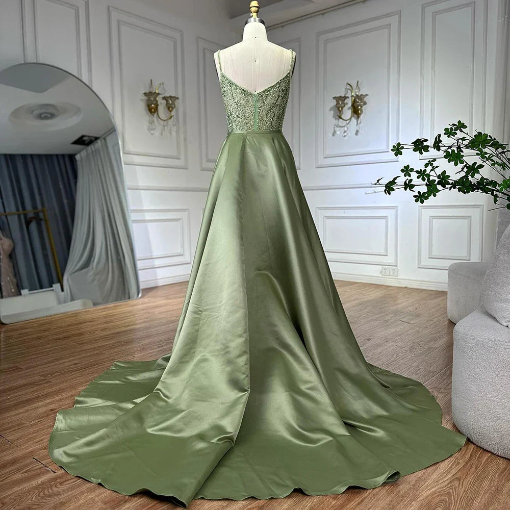 Sage Green Beaded Evening Dress Detachable Overskirt Party LA72733A