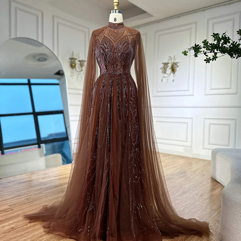 Luxury Brown Beaded Evening Gown with Cape Arabic Style LA72951
