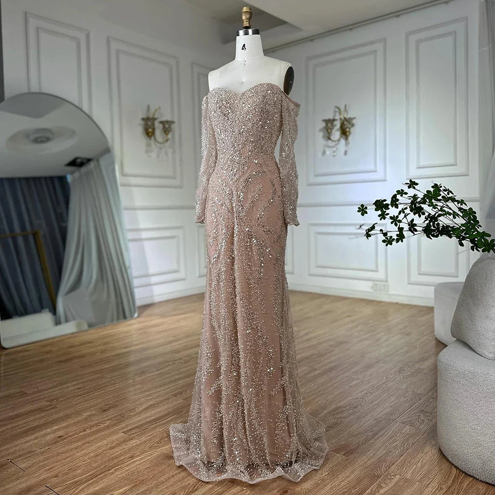 Luxury Beaded Evening Dress Off-Shoulder Long Sleeves Sequins LA72824A