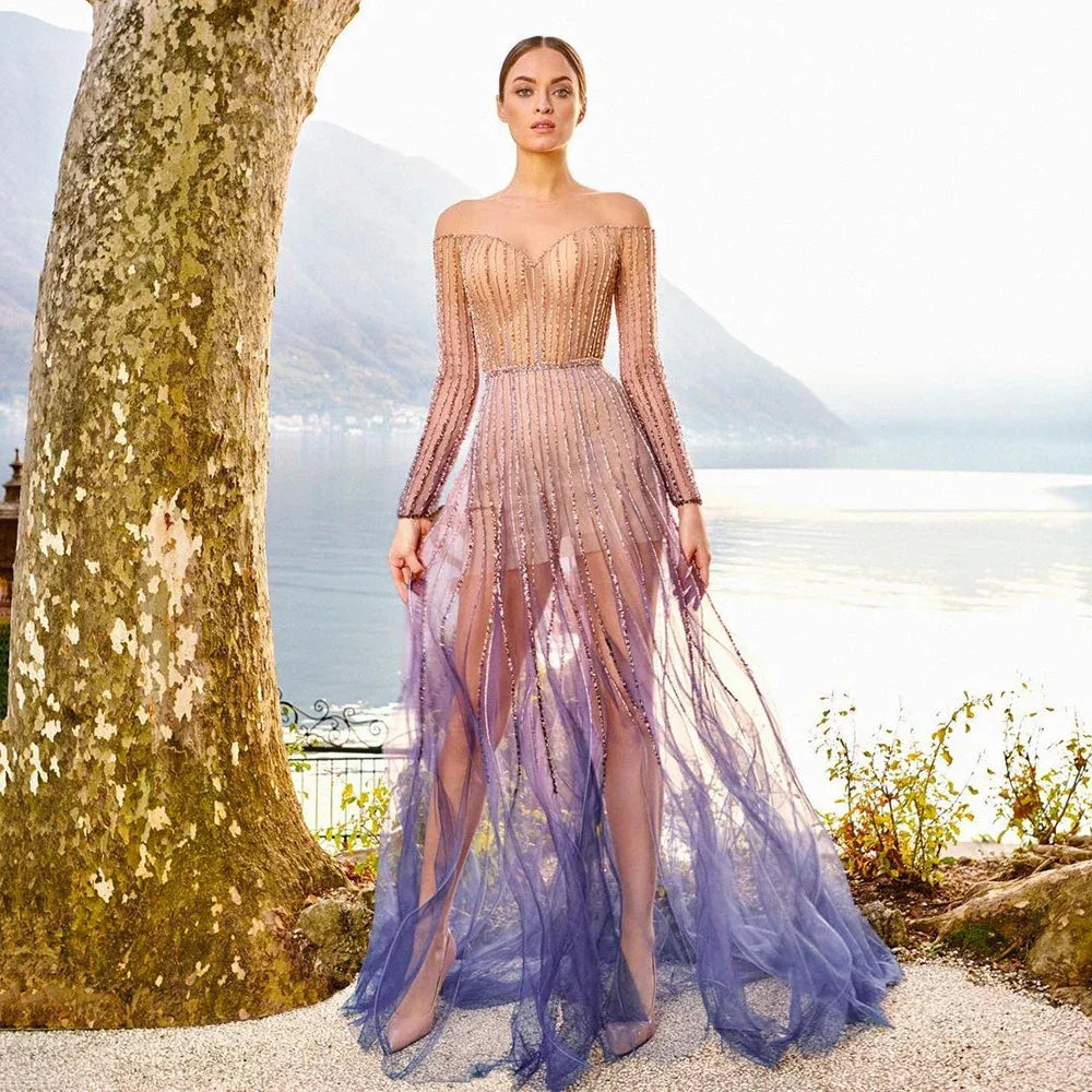 Luxury Dubai Arabic Purple Elegant A-Line Beaded Long Evening Dresses Gowns for Formal Occasion LA72752