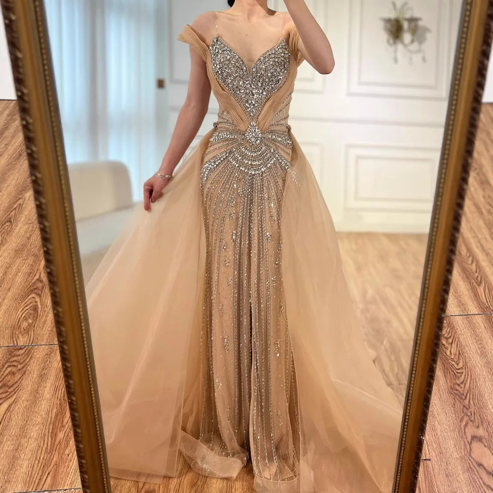 Luxury Nude Beaded Mermaid Evening Dress with Overskirt and Slit LA73034