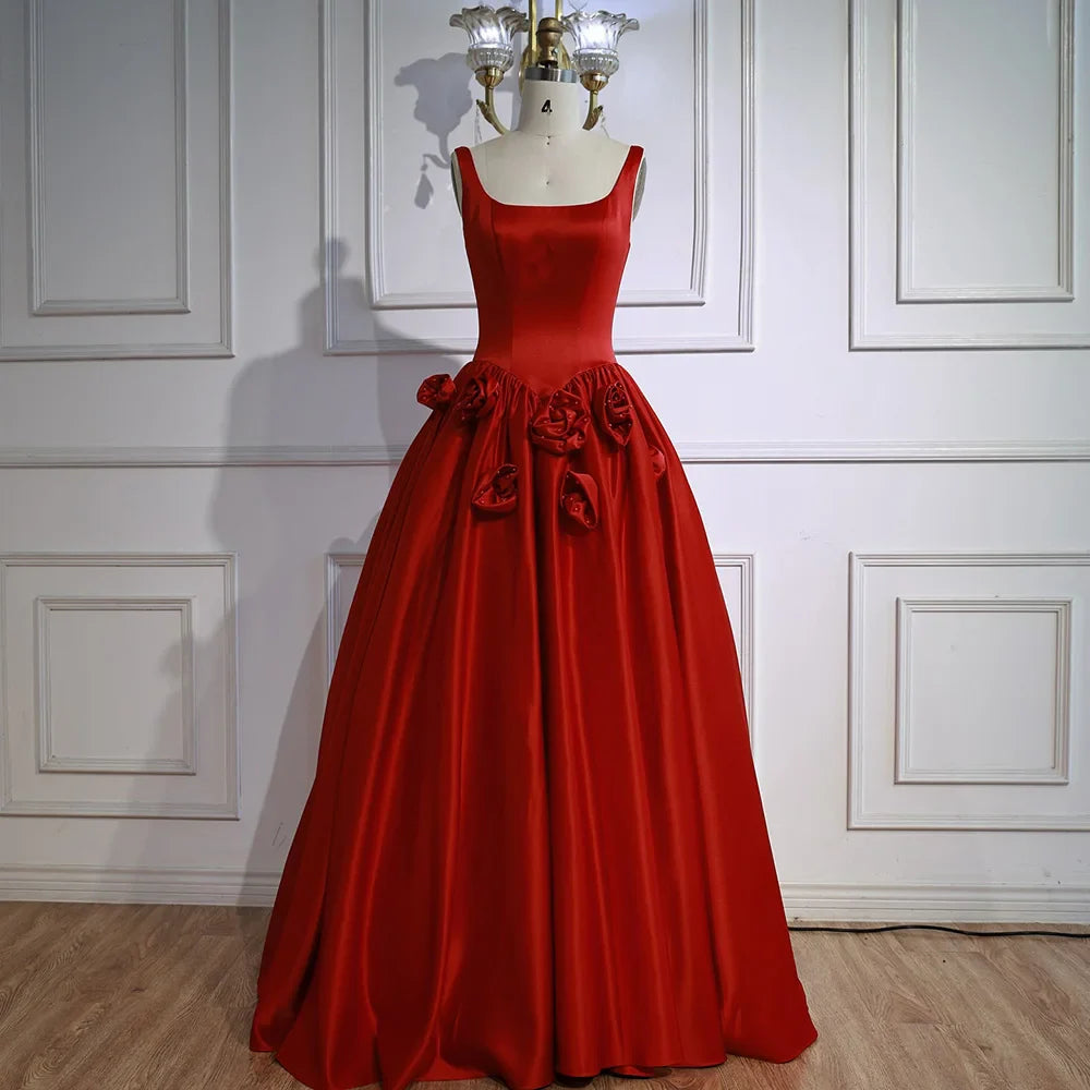 Red A Line Evening Dress 3D Flowers Sleeveless Backless Gown LA73035